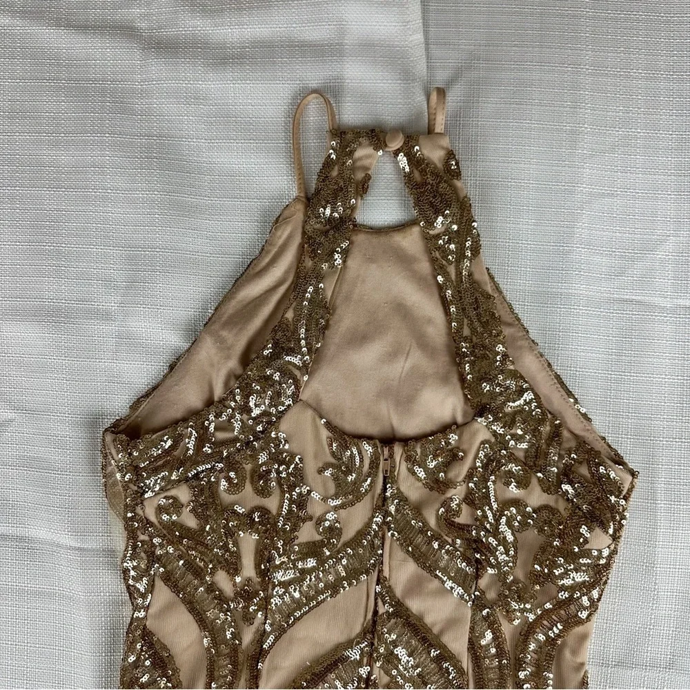 CAMILLE LA VIE Elegant Sequin Halter Tie Back Column Dress Gold